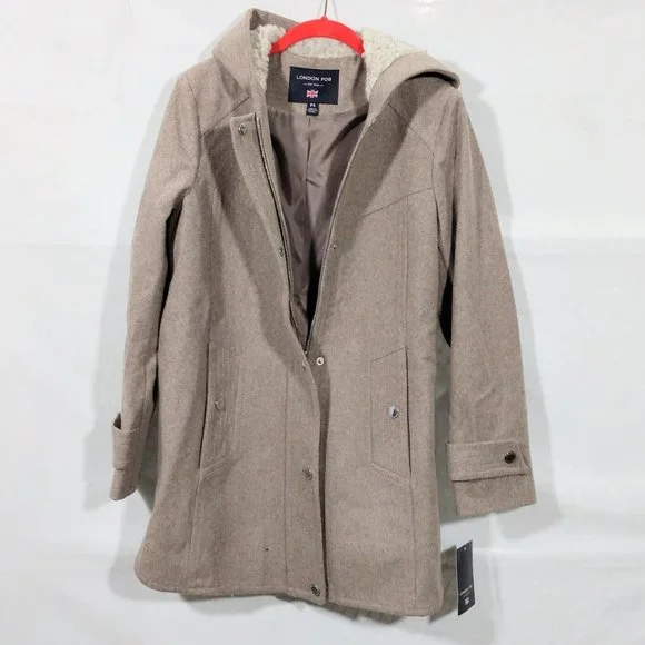 London Fog Sherpa Hood Wool-Blend Coat-Petite Small-Taupe Heather-New with Tags - Picture 7 of 7